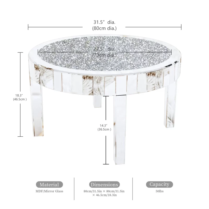 P582 Coffee Table with Crystal Inlay, 31.5'' Modern Round Coffee Table with Mirror Surface, Silver Accent Table Living Room