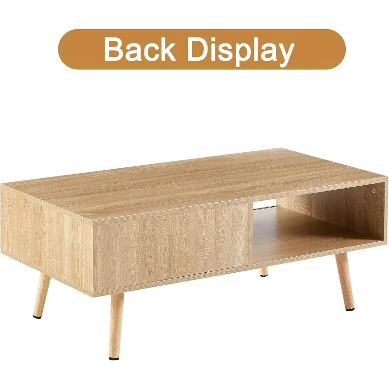 P663 Modern Coffee Table with Storage, 41.3 Inch Rectangle Wooden Accent Center Tables with Sliding PE Rattan Woven