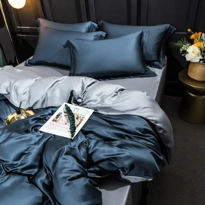 Liv-Esthete Luxury 100% Silk Blue Gray Bedding Set Beauty Best For Skin Care Queen King Quilt Cover Pillowcase Bed Linen Set - Image 2