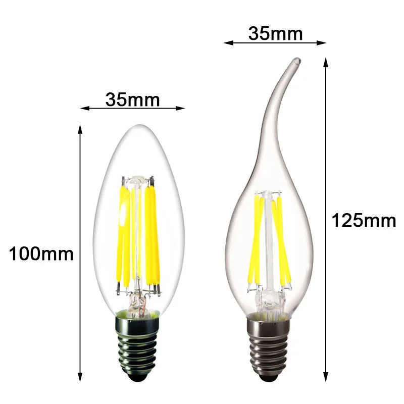 10PCS LED Filament Bulb E14 E27 E12 C35 C35L 220V 110 4W 6W Warm White Dimmable Glass 360 Degree Edison Retro Candle Light Blubs - Image 2