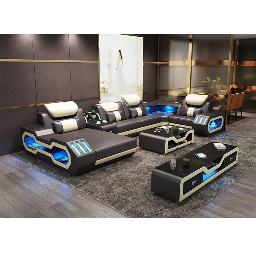 MANBAS Luxury Living Room Sofa Italian Genuine Leather Couch with Bluetooth Speaker, USB and LED Light + Coffee Table, TV Stand - Image 6
