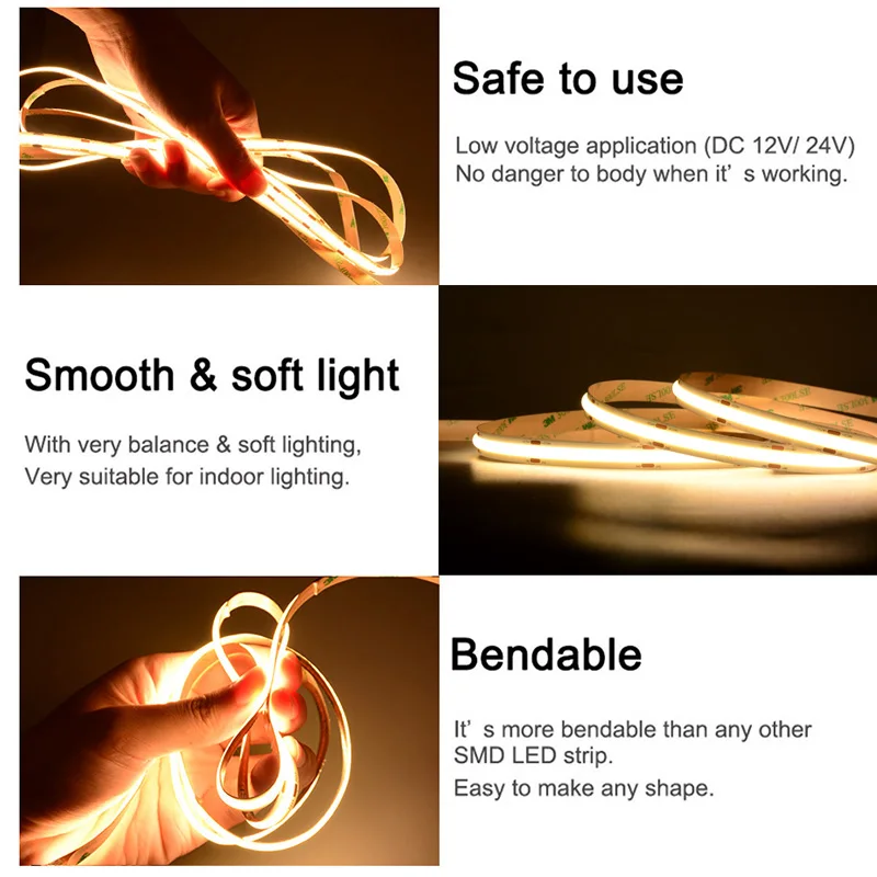 UL Listed COB LED Strip Light 320 480 LEDs/m 16.4ft High Density Flexible Tape Ribbon 3000-6500K RA90 Led Lights DC12V 24V - Image 6