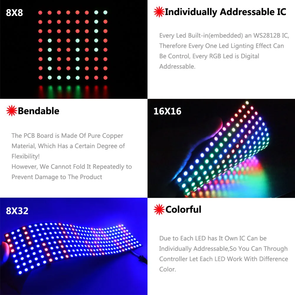 WS2812B RGB LED Digital Flexible Individually Addressable Panel Light WS2812 8x8 16x16 8x32 Module Matrix Screen DC5V - Image 2