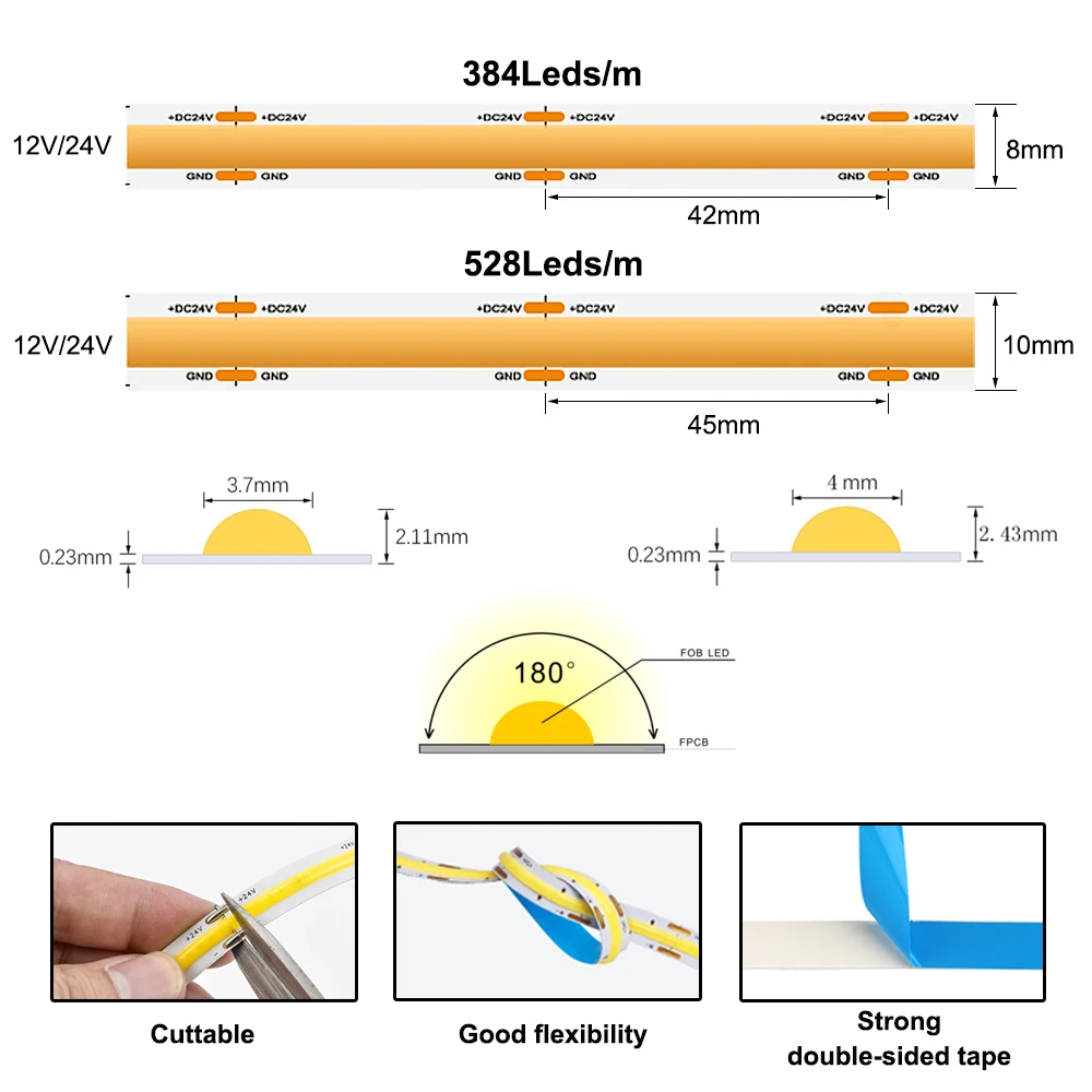 COB LED Strip 480 528 Chips/M High Density Flexible FOB Led Red Green Blue Warm Nature Cool White Linear Dimmable Light 12V 24V - Image 2