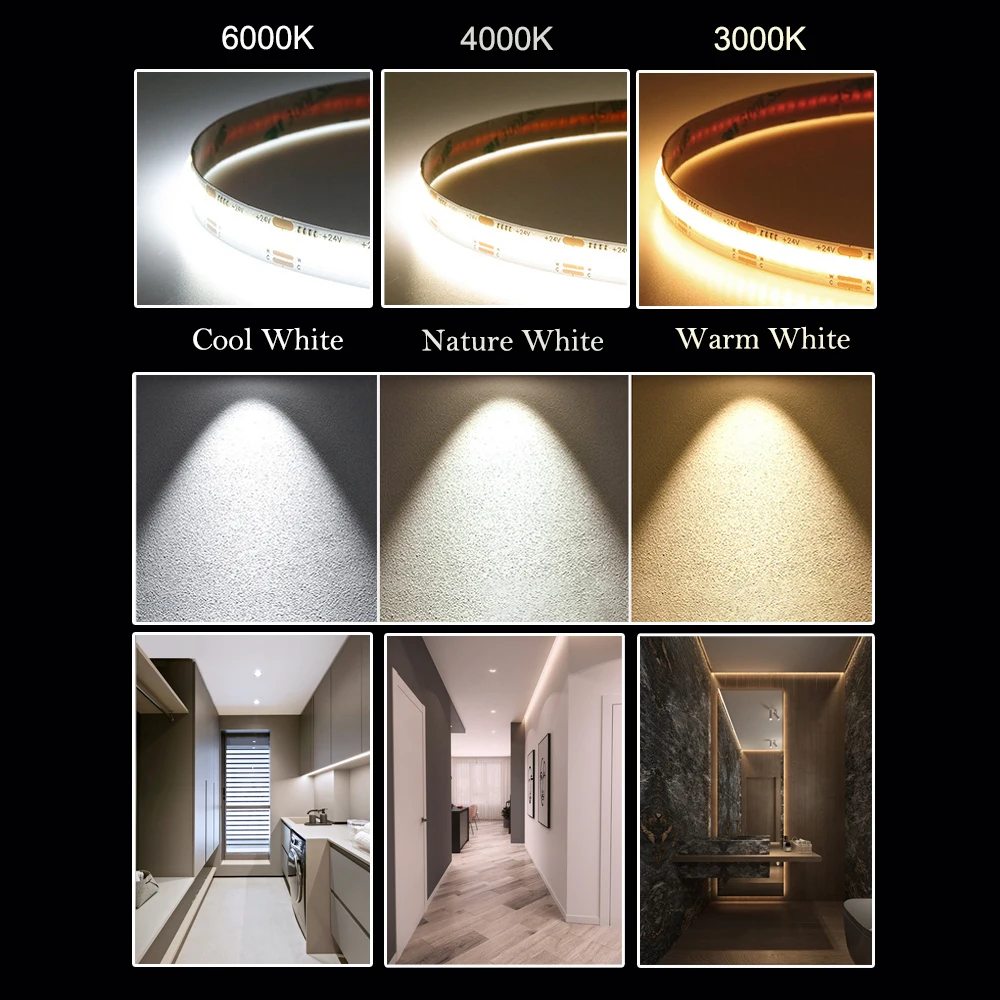 COB LED Strip 480 528 Chips/M High Density Flexible FOB Led Red Green Blue Warm Nature Cool White Linear Dimmable Light 12V 24V - Image 5