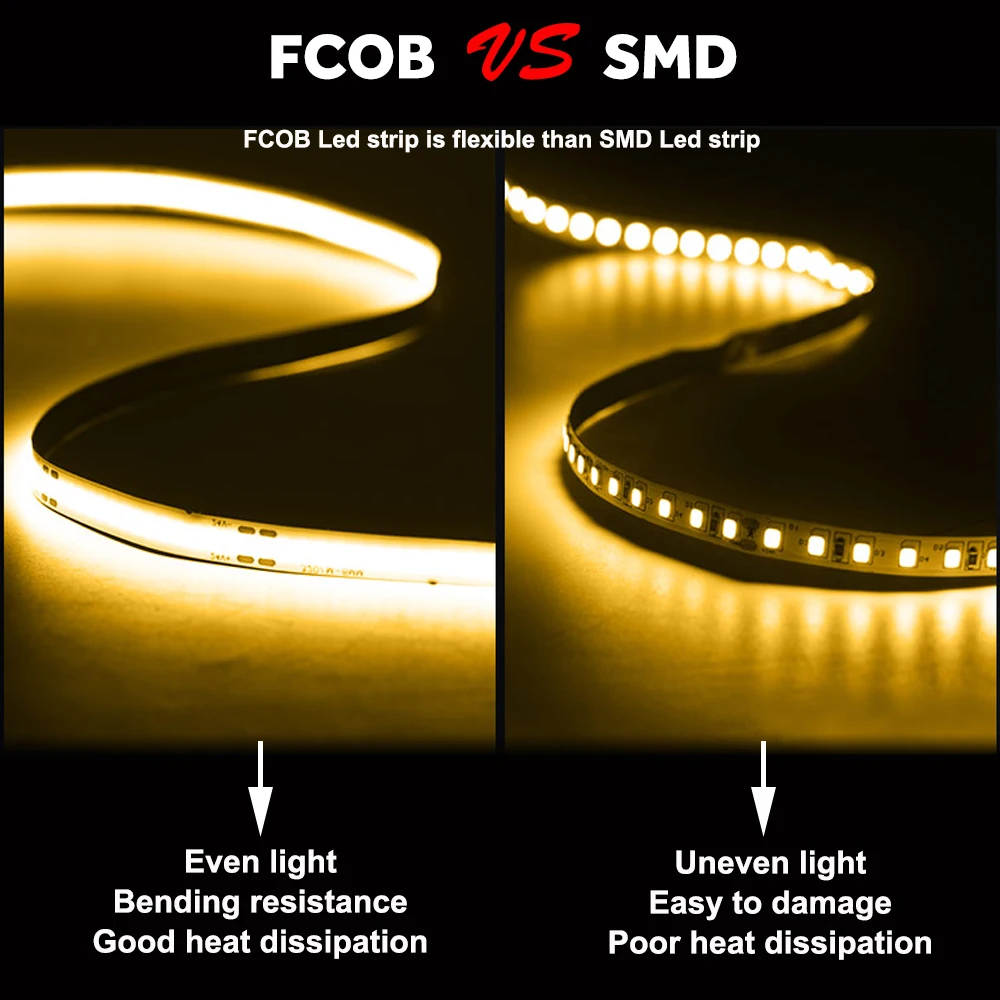 COB LED Strip 480 528 Chips/M High Density Flexible FOB Led Red Green Blue Warm Nature Cool White Linear Dimmable Light 12V 24V - Image 4