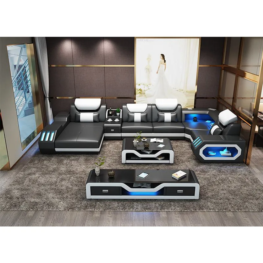 MANBAS Luxury Living Room Sofa Italian Genuine Leather Couch with Bluetooth Speaker, USB and LED Light + Coffee Table, TV Stand - Image 2