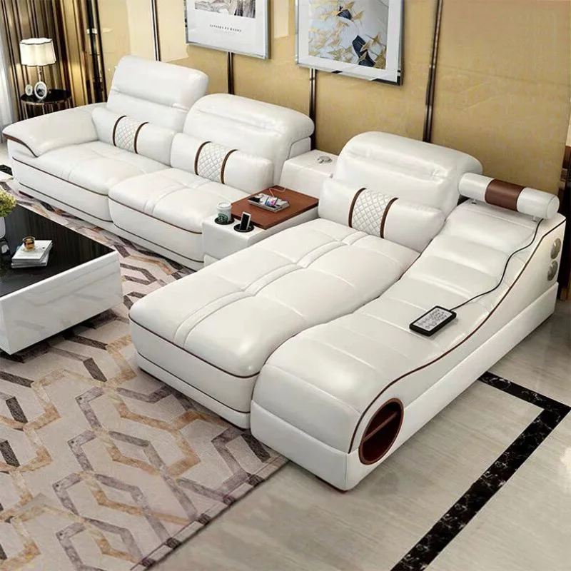 Manbas Italian Leather Sofa Genuine Leather Canapé Salon Couch Massage Sofas Modernos Para Sala with Speaker, Bluetooth, USB