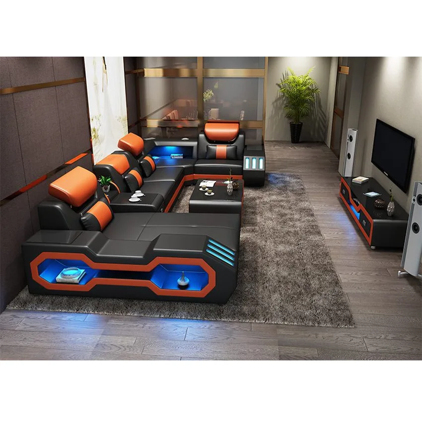 MANBAS Luxury Living Room Sofa Italian Genuine Leather Couch with Bluetooth Speaker, USB and LED Light + Coffee Table, TV Stand - Image 3