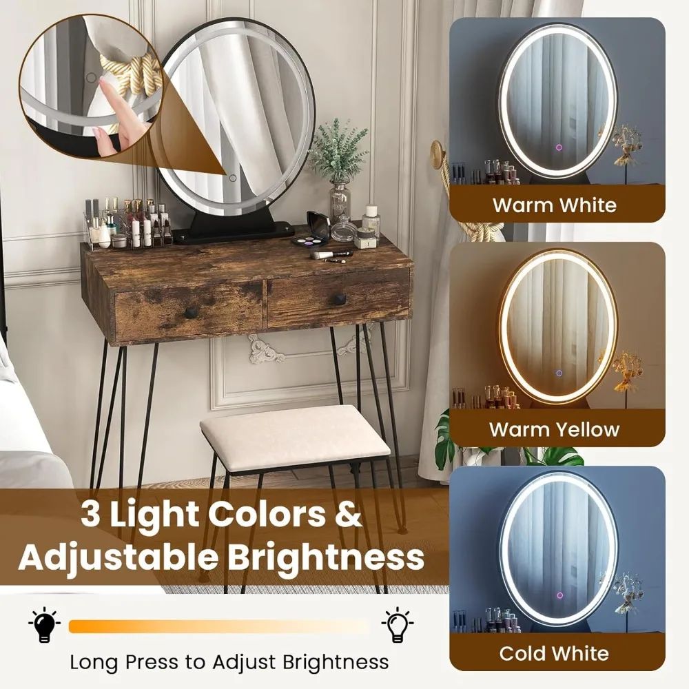 Makeup Table with Illuminated Mirror, 3 Color Lighting Modes, Adjustable Brightness, 2 Large Drawers and Acrylic Storage Box - Image 4