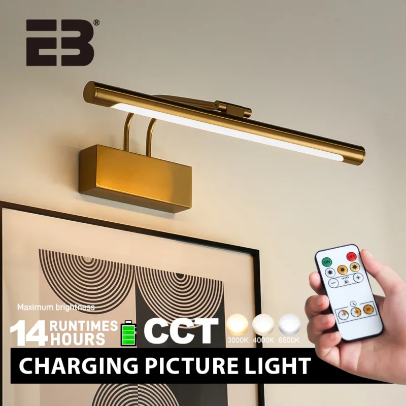 Led Wall Lamp USB Rechargeable Wireless Interior Wall Light 40cm Black Picture Frame Light Dimmable Sconces with Remote Control