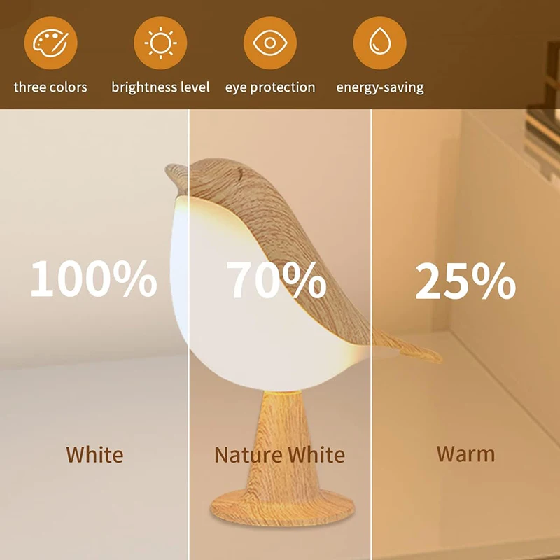 3 Colors Wooden Bird Night Lights LED Touch Switch Rechargeable for Bedroom Interior Lighting Desk Lamp Bedside Lamps Decoration - Image 2