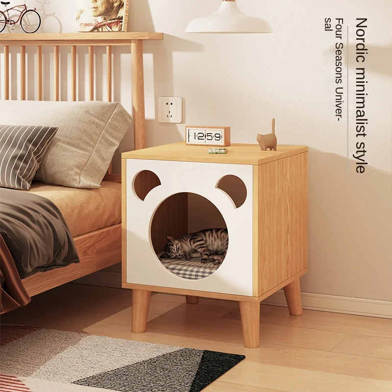 Functional Nightstand with Solid Wood Legs, Cat House, and Multiple Storage Compartments - Image 2