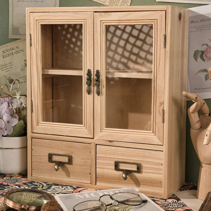 Nordic Solid Wood Retro Double Door Display Cabinet Sundry Cosmetics Storage Drawer Desktop Organizer - Image 6