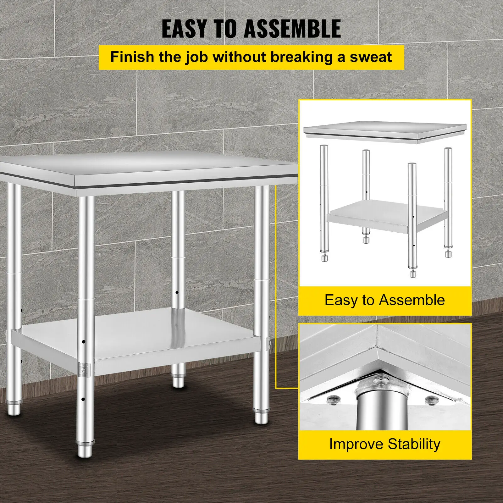VEVOR Kitchen Work Bench Commercial Catering Table Worktable with Undershelf Stainless Steel 330LBS 286LBS for Restaurant Garage - Image 5