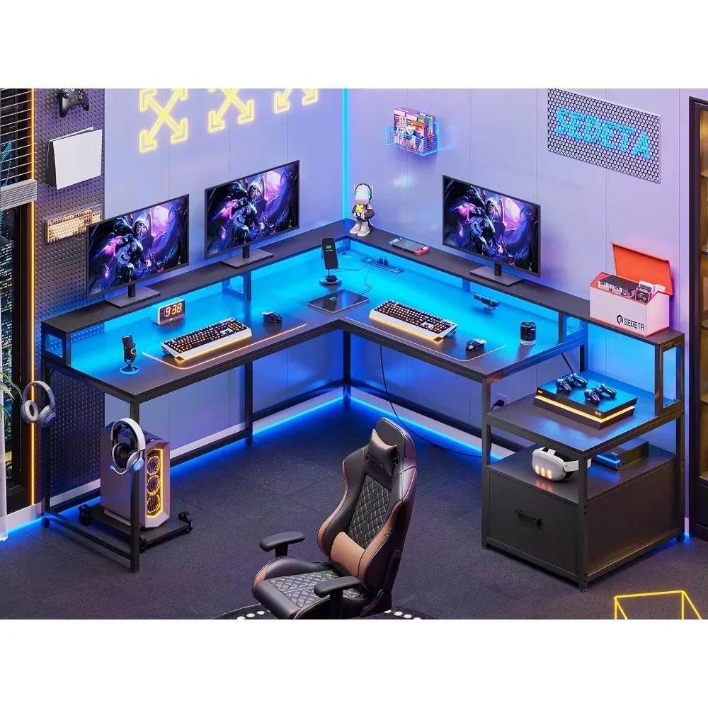 Computer Desk, L Shaped Gaming Desks, with File Drawer & Power Outlet, with Led Lights, Monitor Shelf, Computer Desk - Image 2