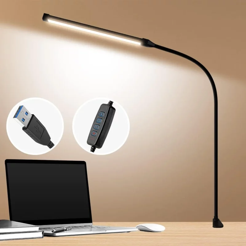 LED Desk lamp with Clamp, Eye-Caring Clip on Lights for Home Office, 3 Modes 10 Brightness, Long Flexible Gooseneck,Metal