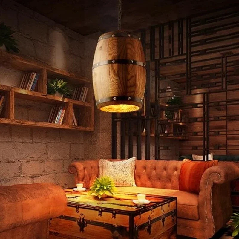 Country Industrial Style Vintage Wooden Barrel Chandelier For Bar Wine Cellar Cafe Restaurant Lighting Decoration Pendant Lamp