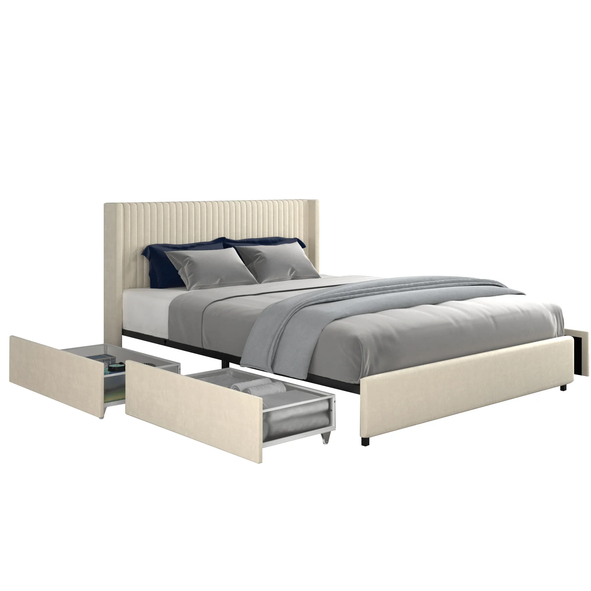 Anna Queen Size Ivory Velvet Upholstered Wingback Platform Bed W/Patented 4 Drawers Modern Design Headboard&Tight Channel - Image 4