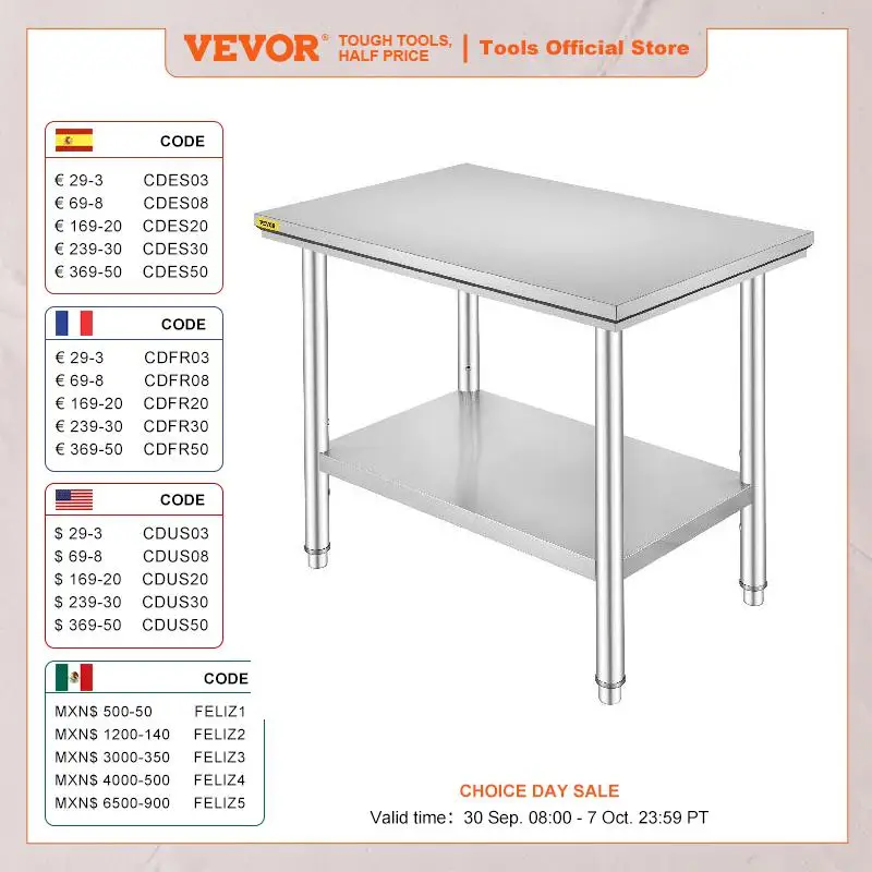 VEVOR Kitchen Work Bench Commercial Catering Table Worktable with Undershelf Stainless Steel 330LBS 286LBS for Restaurant Garage