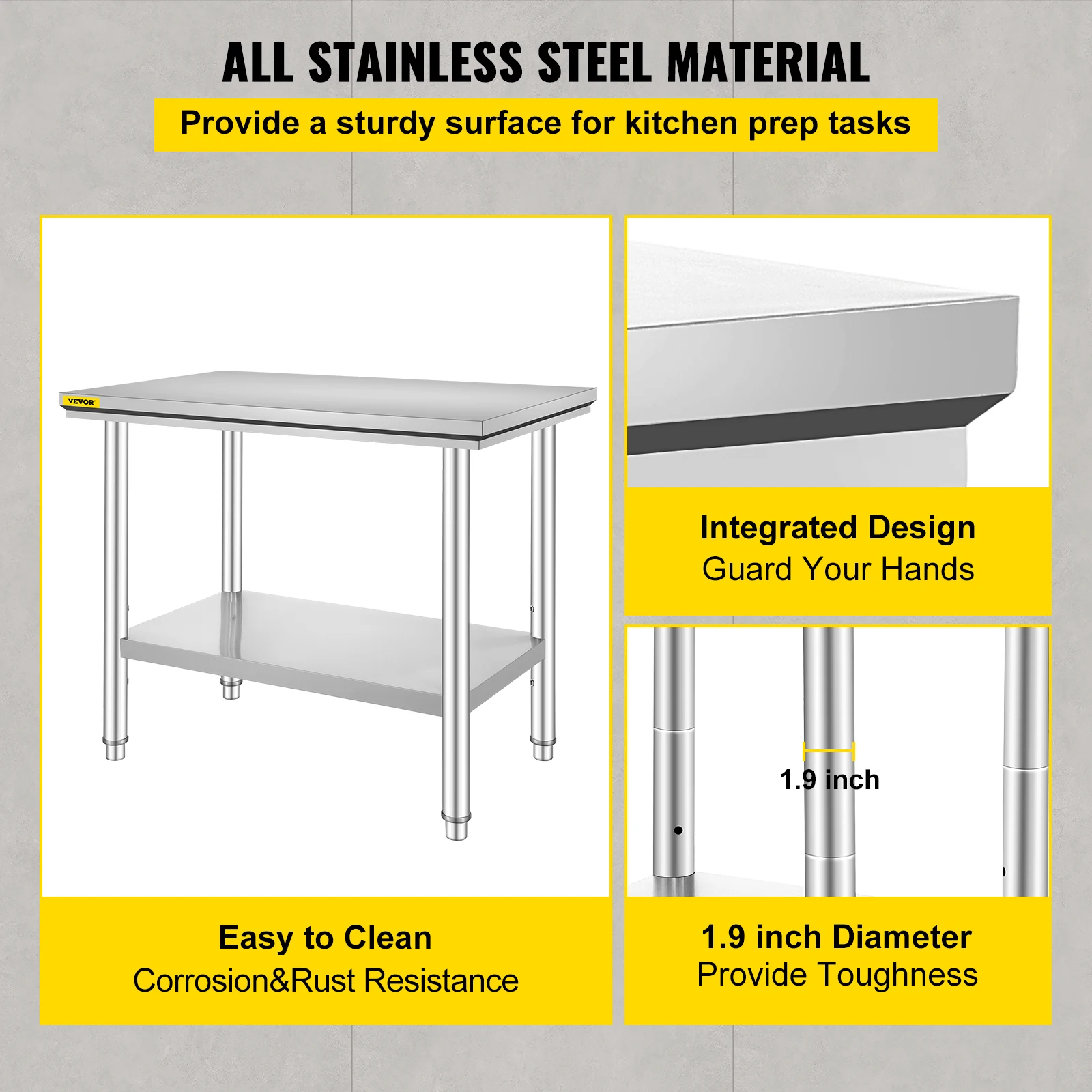 VEVOR Kitchen Work Bench Commercial Catering Table Worktable with Undershelf Stainless Steel 330LBS 286LBS for Restaurant Garage - Image 3