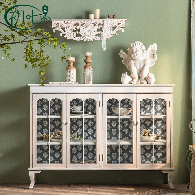 French Vintage Living Room Cabinet Sideboard Buffet Console Cabinet Coffee Bar Storage with Rattan Decorated Comodas Con Cajones