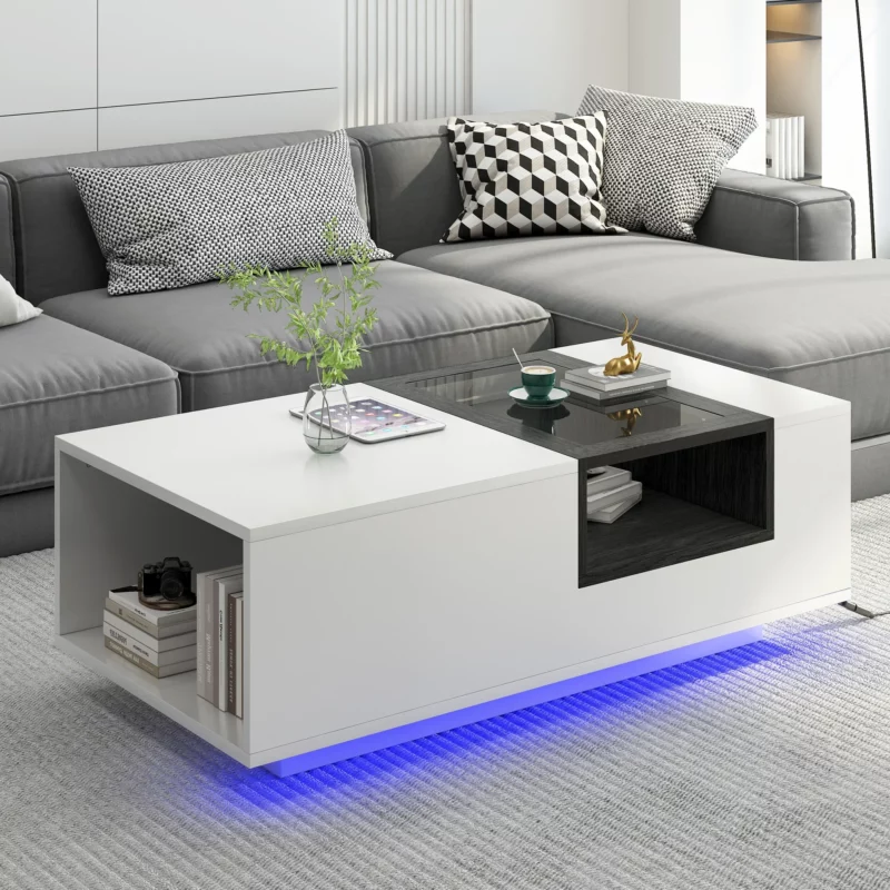 LED Coffee Table with Storage Open Display Shelf Modern Center Table Accent Furniture for Living Room White/Black