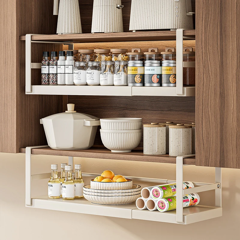 Expandable Cabinet Storage Shelf Layered Spice Hanging Rack Kitchen Counter Organizers Shelves Under Cabinet Retractable Basket - Image 4