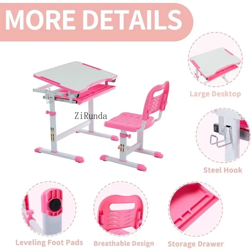 Multifunctional Desk and Chair Set, Height Adjustable Children School Study Desk with Large Tilt Desktop, Metal Hook - Image 4