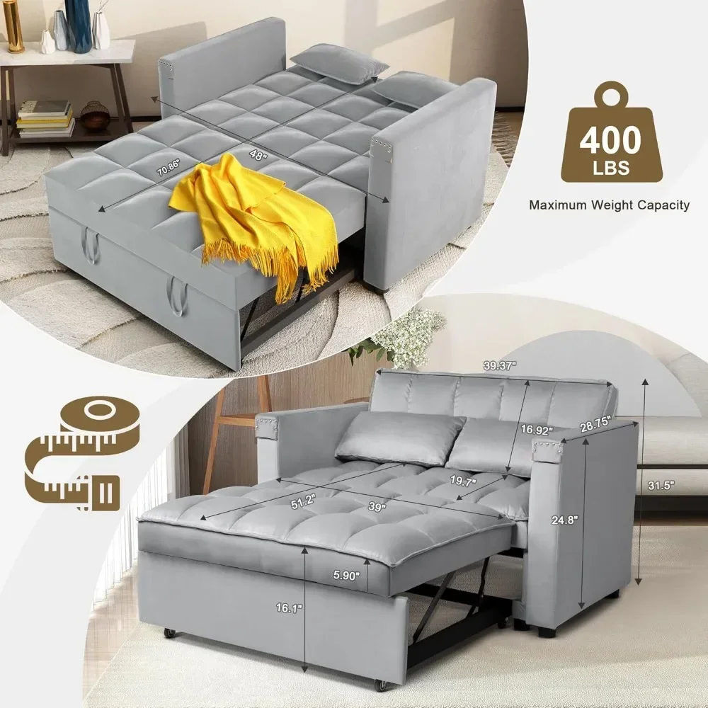 Sofa Bed,3-in-1 Multi-Functional Velvet Sleeper Couch Pull-Out Bed, 48''Chaise Lounge Adjustable Backrest Pillows,Small Space - Image 5