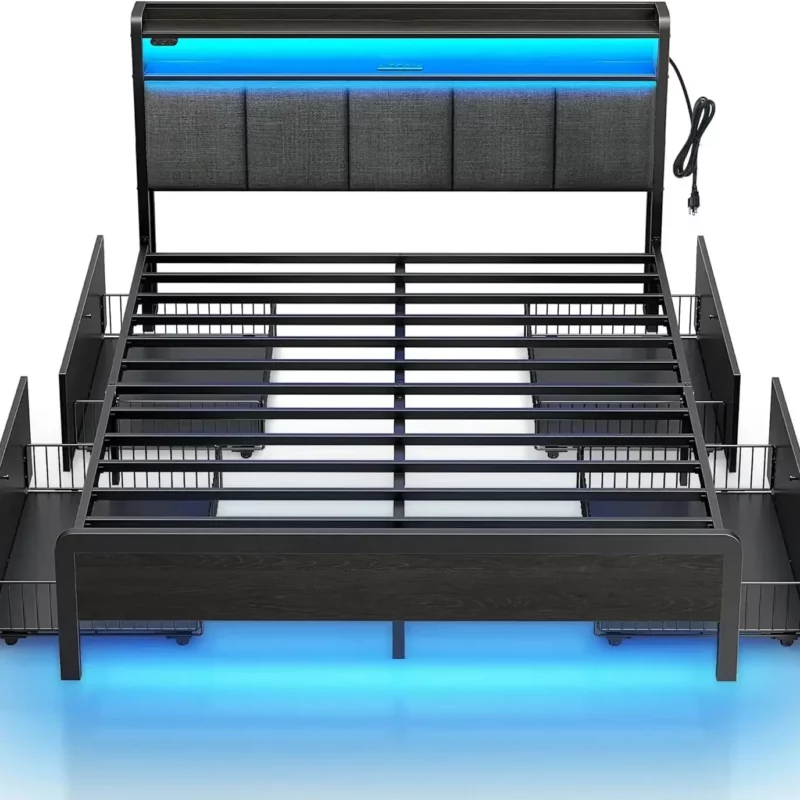 Bed Frame Queen Size with Charging Station and LED Lights Upholstered Storage Headboard with Drawers Heavy Duty Metal Slats