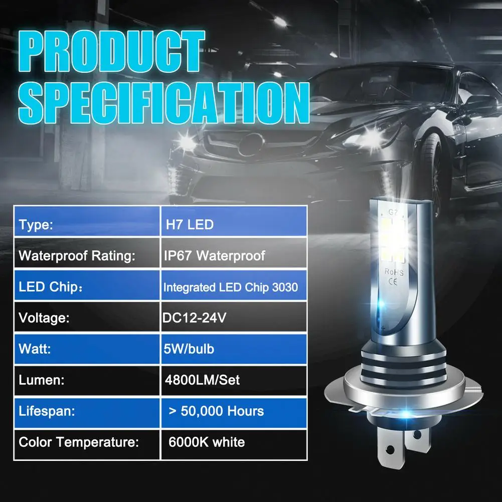 2pcs H7 Led Headlight Bulb Kit Car Fog Light Bulbs High Low Beam 110w 30000lm Super-Bright 6000k White Led Lights For Vehicles - Image 4