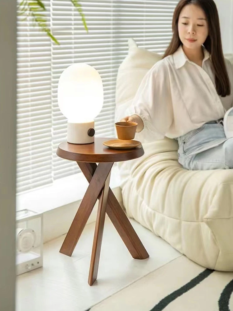Medieval Solid Wood Side Table Small Coffee Table Living Room Corner Table Round Bedside Table Tea Table - Image 5