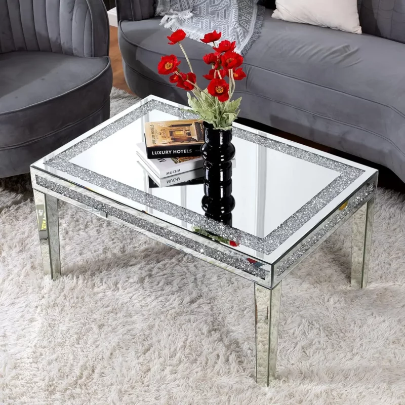 Silver Coffee Table with Crystals Inlay 35 inches Modern Contemporary Accent Side or Coffee Table for Living Room with Mirrored