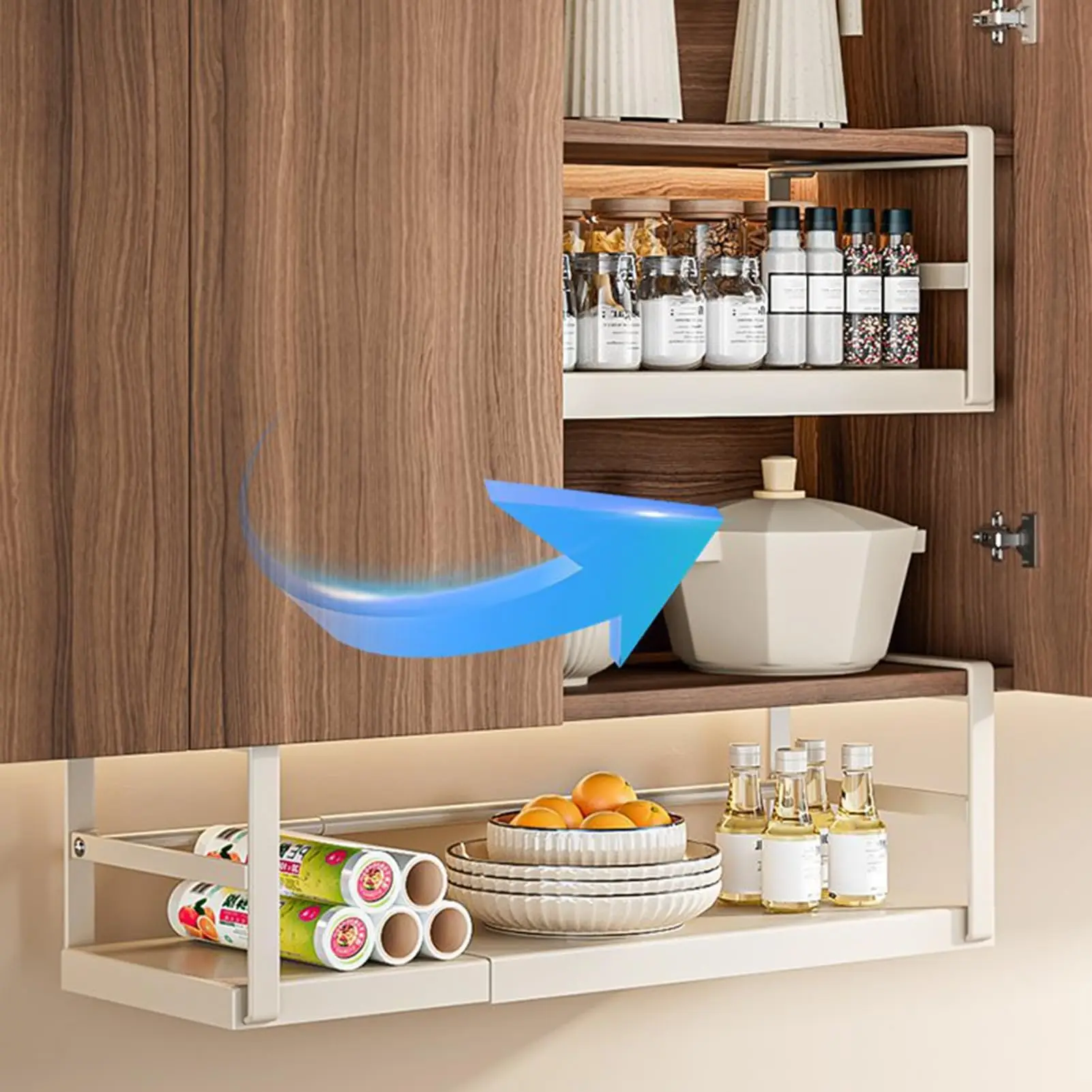 Expandable Cabinet Storage Shelf Layered Spice Hanging Rack Kitchen Counter Organizers Shelves Under Cabinet Retractable Basket - Image 5