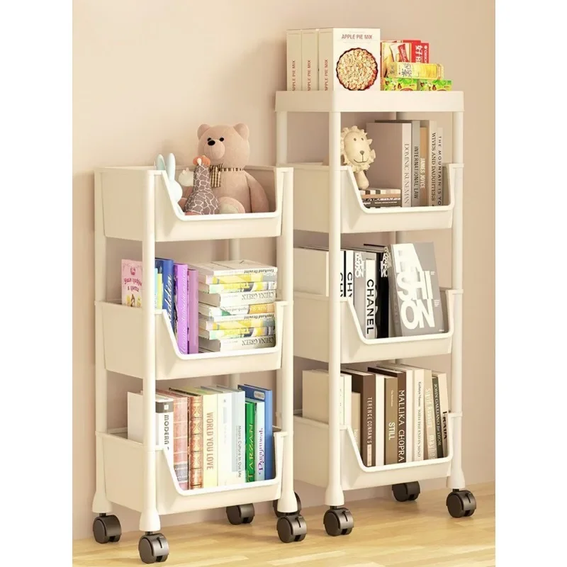 Living Room Mobile Display Cabinet Corner Movable Bookshelf Trolley Bookshelf Portable Creative Kitchen Storage Rack with Wheels