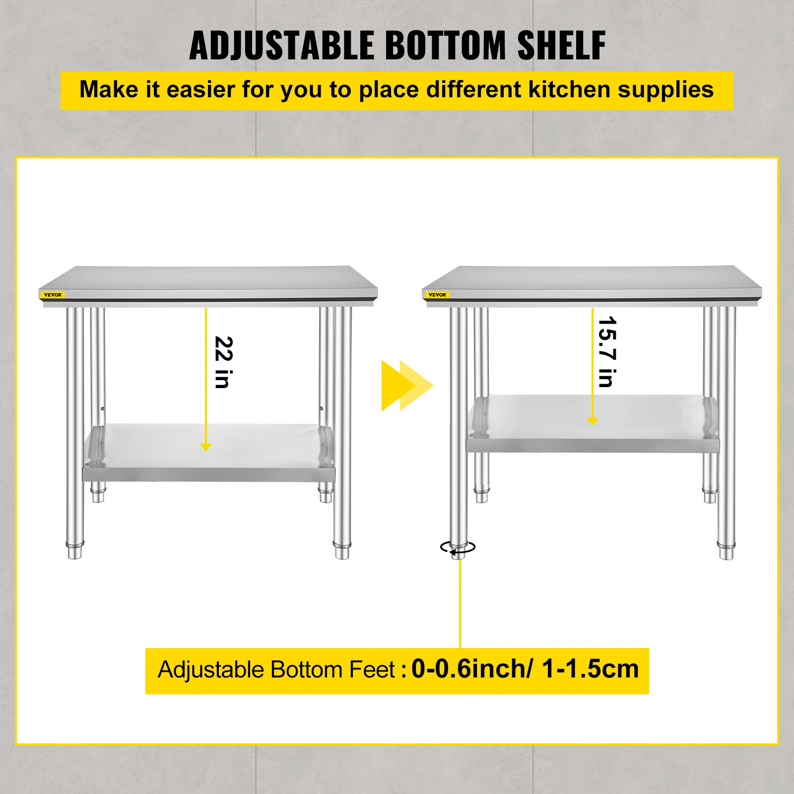 VEVOR Kitchen Work Bench Commercial Catering Table Worktable with Undershelf Stainless Steel 330LBS 286LBS for Restaurant Garage - Image 5