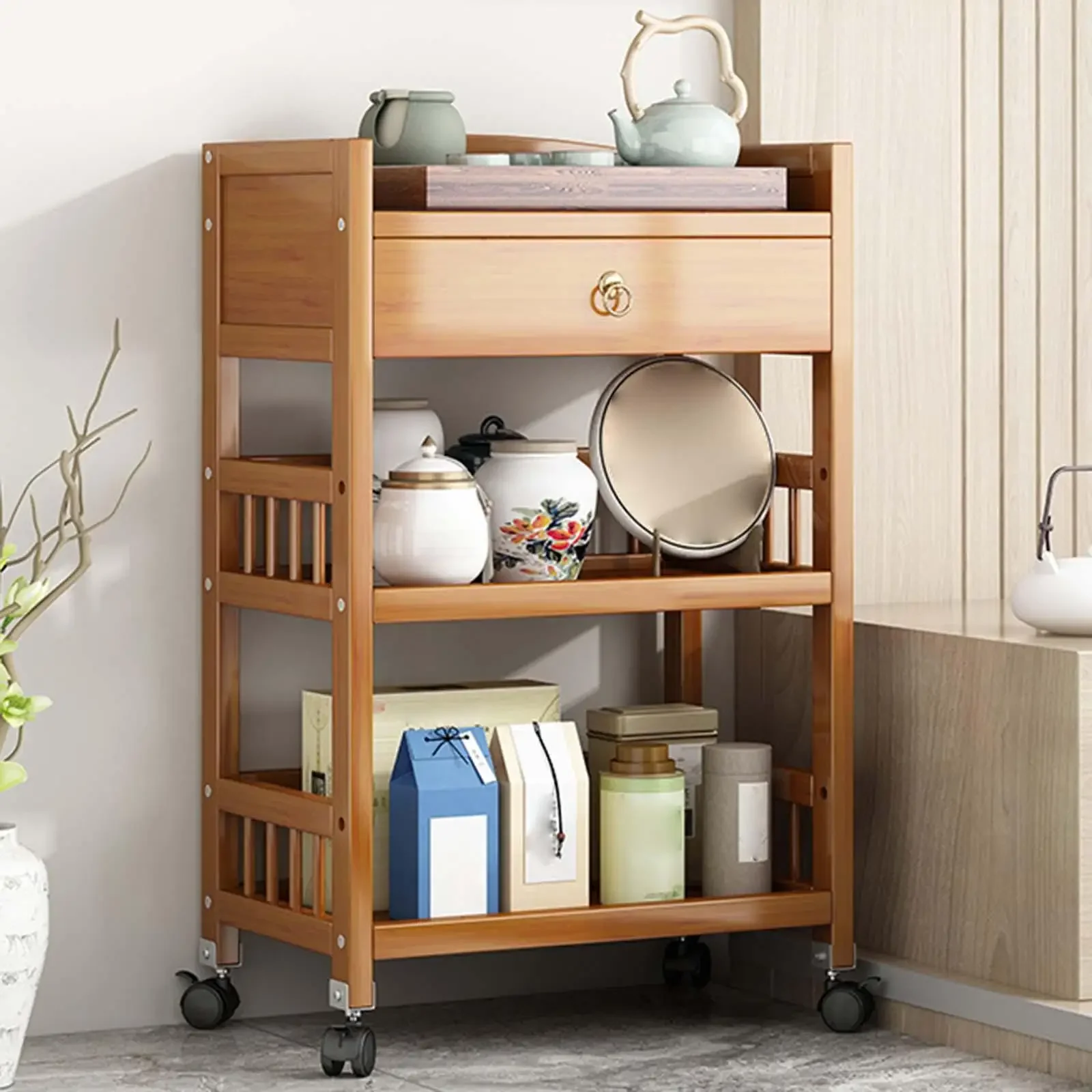 Wooden Moveable Bookshelf Trolley, Activity End Table, Corner Cabinet, Living Room, Dining Room, Sofa Side Table, High Quality - Image 3