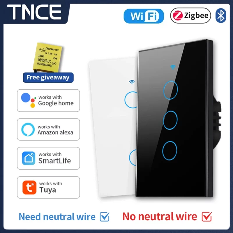 TNCE Tuya US WiFi/Zigbee Smart Wall Switch 1/2/3/4 Gang Light Switch Smart Touch Sensor Smart Home Work with Alexa Google Home