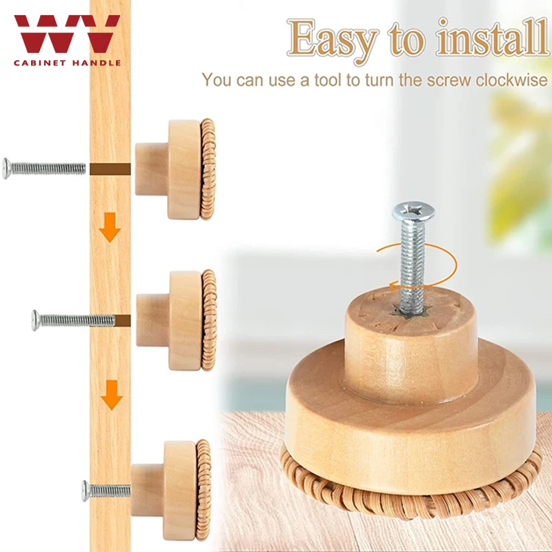 WV Wooden Rattan Dresser Knobs Kit Round Decorative Furniture Pull Handles Multipurpose Woven Drawer Pulls for Bedside Tables - Image 2