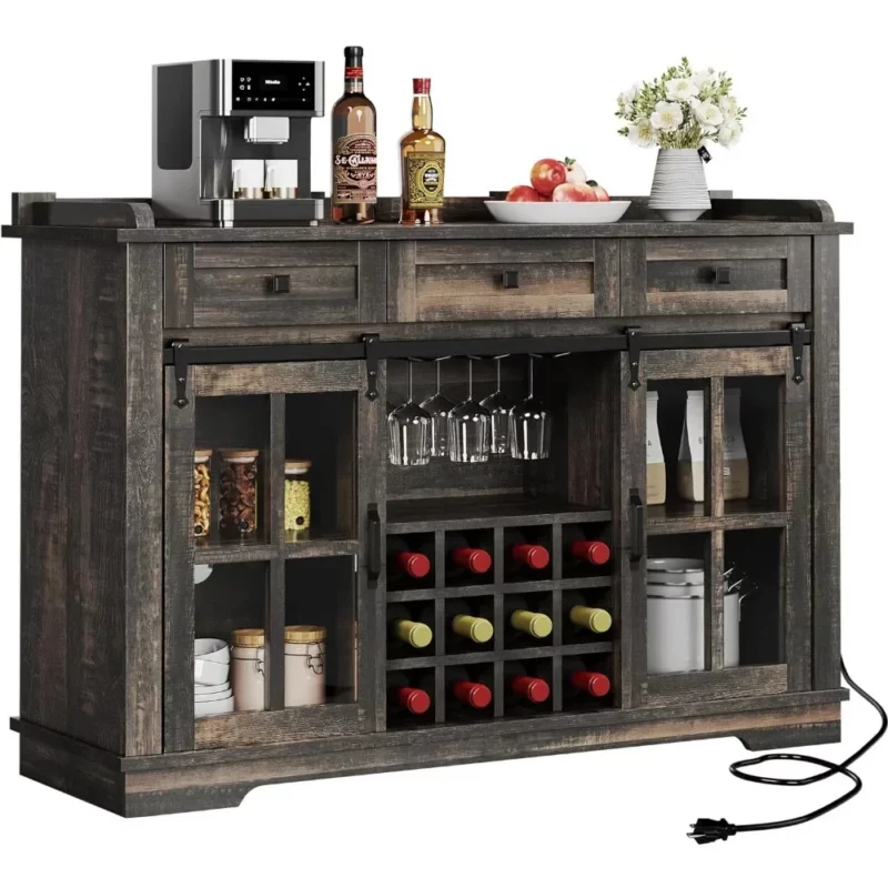 Farmhouse Coffee Bar Cabinet,53” Kitchen Sideboard Buffet Cabinet with Storage, 3 Drawers & Sliding Barn Door, Storage Cabinet
