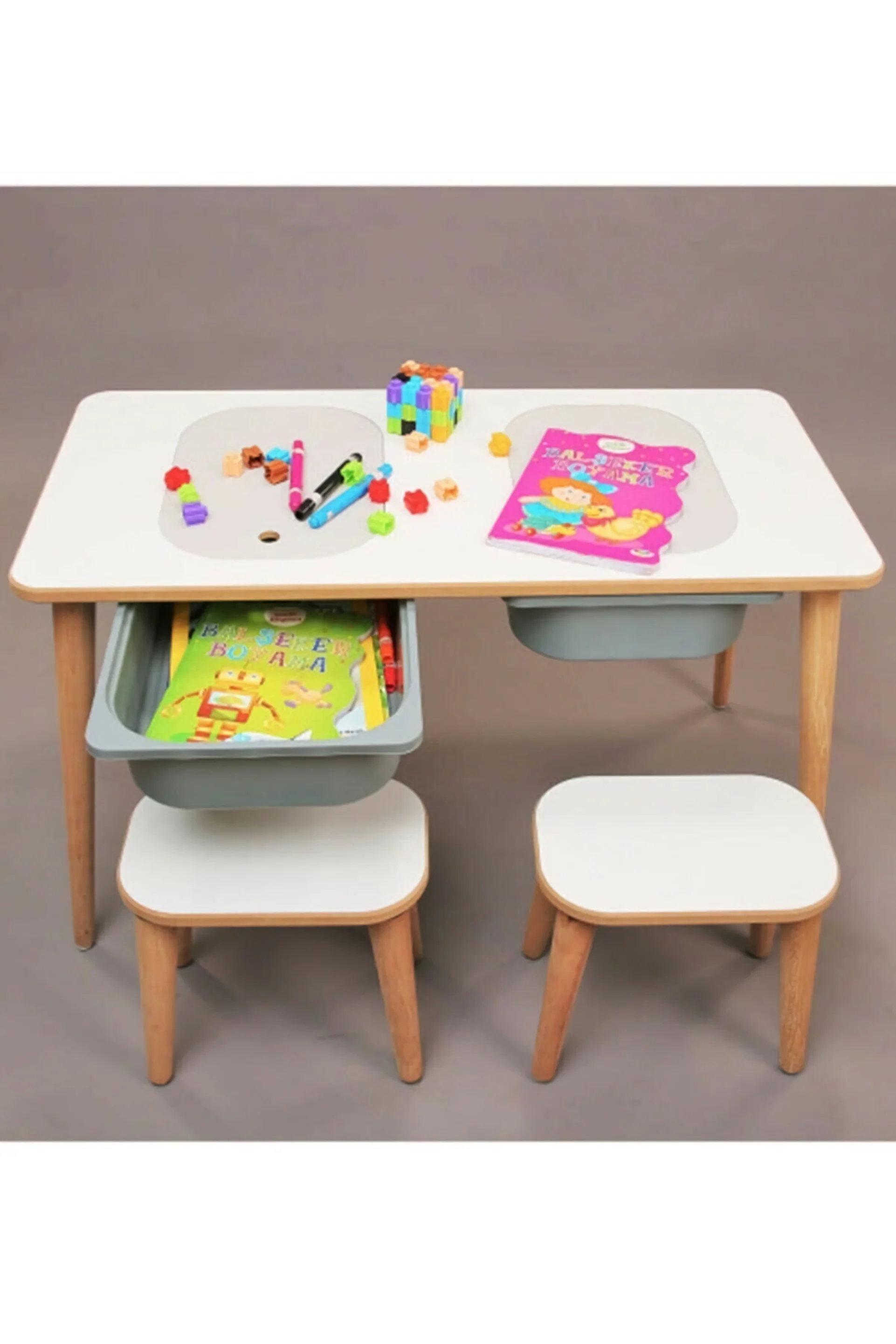 Activity Child Play Board & 2 Pcs Stool Plastic Drawer MDF Structure, Tree Feet Kids Room Desk - Image 2