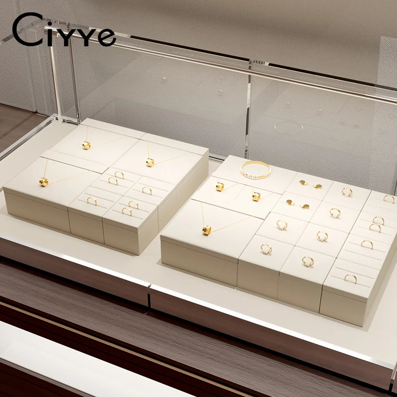 Ciyye Beige Premium Jewelry Display Stand for Rings Necklaces Earrings Display Counter Showcase Block Jewelry Display Props Set