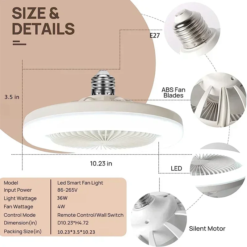 Smart 3 In 1 Ceiling Fan With Remote Control Lighting E27 Conversion Base 85-265v Lighting Base Suitable for Bedroom and Living - Image 4
