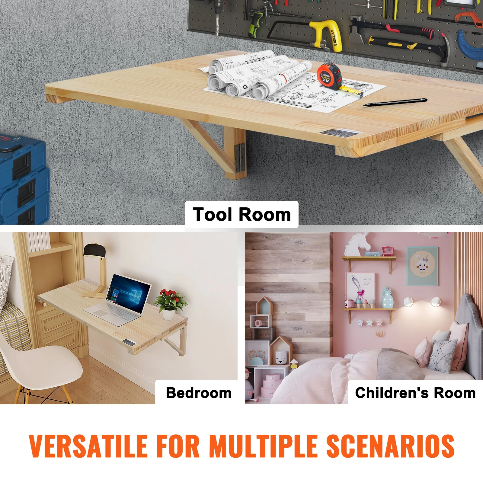 VEVOR Wall Mounted Folding Table Wooden Floating Desk with Iron Bracket Drop Leaf for Home Office Kitchen Bar Space-Saving - Image 6
