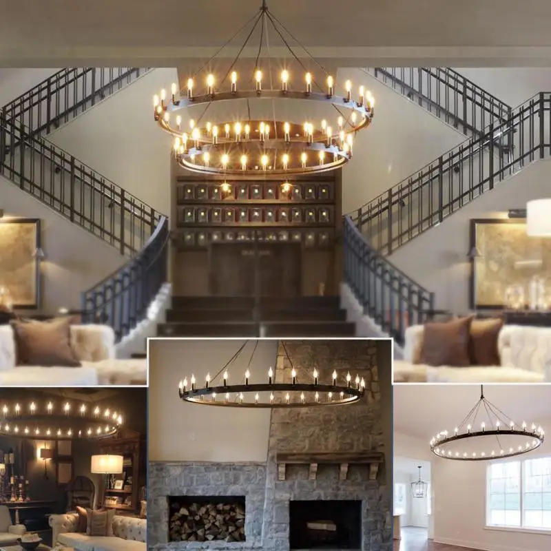 Modern American Retro Iron Pendant Lamp Vintage Industrial Led Droplight Round Cafe Restaurant Bar Knight Candle Chandelier - Image 4