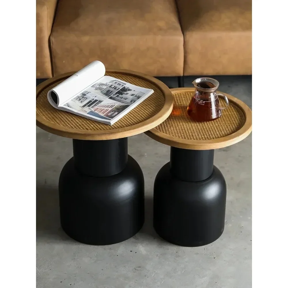 Retro Art Home Sofa Side Table Solid Wood Rattan Creative Coffee Tables Bedside Iron Small Round Desks Home Decoration - Image 3