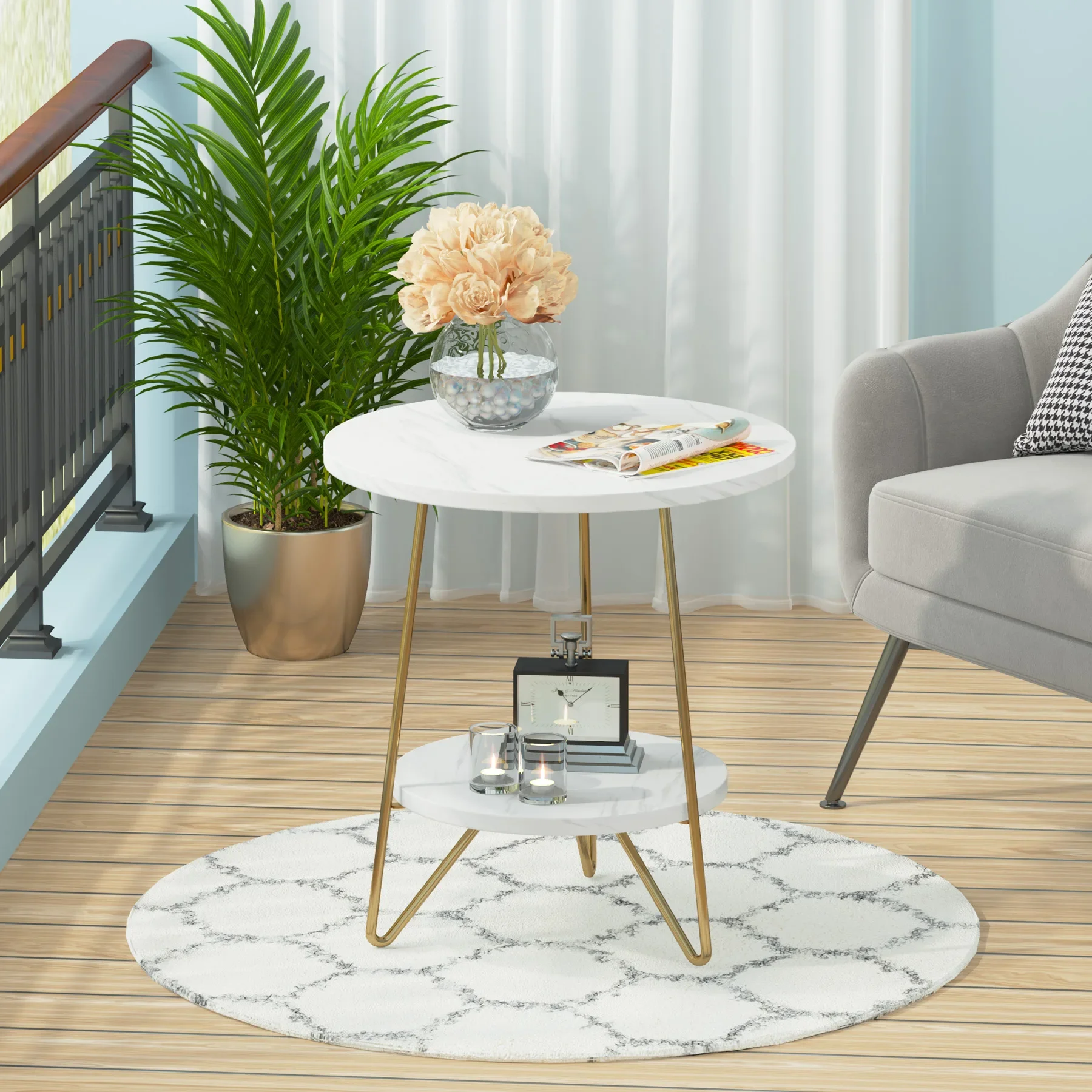 2 Tier Faux Marble End Table Round Side Table with Shelves Small Coffee Accent Table for Living Room, White and Gold - Image 6