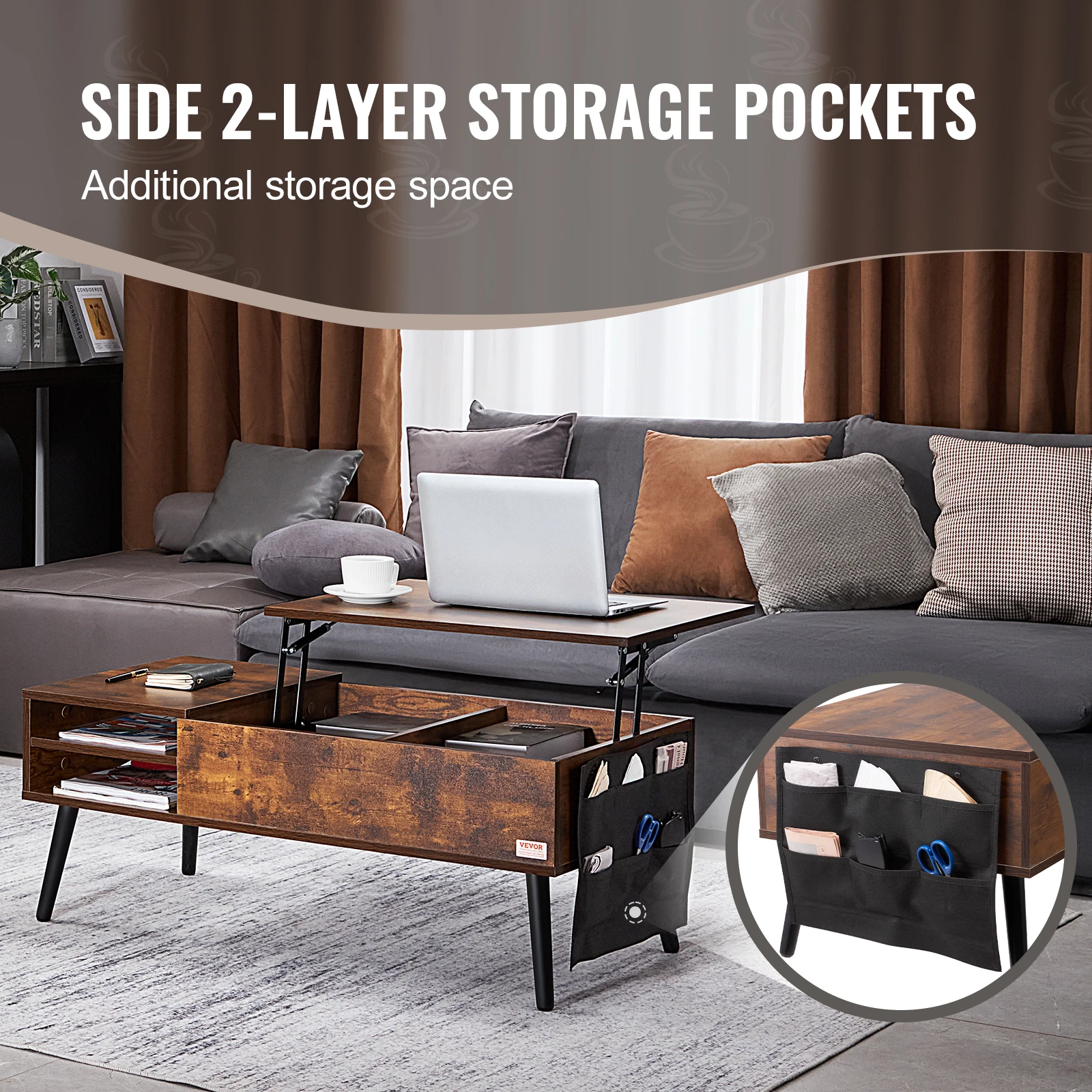 VEVOR Lift Top Coffee Table Round/Rectangle Coffee Table with Extra Storage Pockets Pop Up/Flipable Coffee Table for Living Room - Image 4