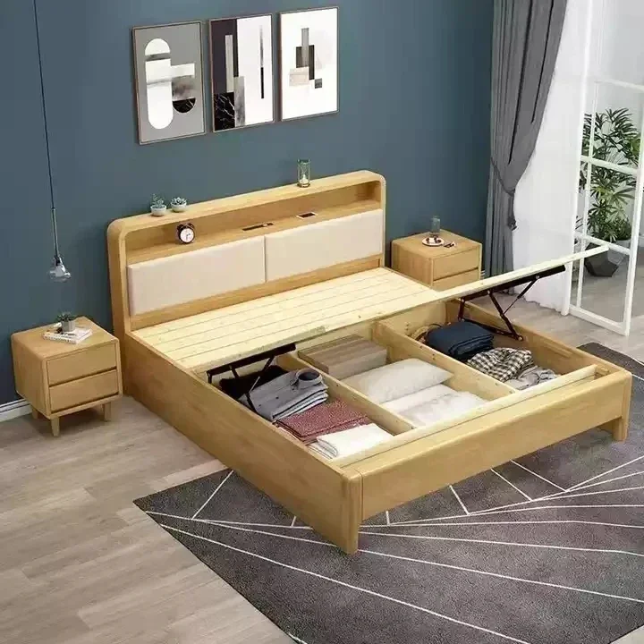 Multifunctional furniture solid wood bed frame oak wooden bed with storage headboard for bedroom